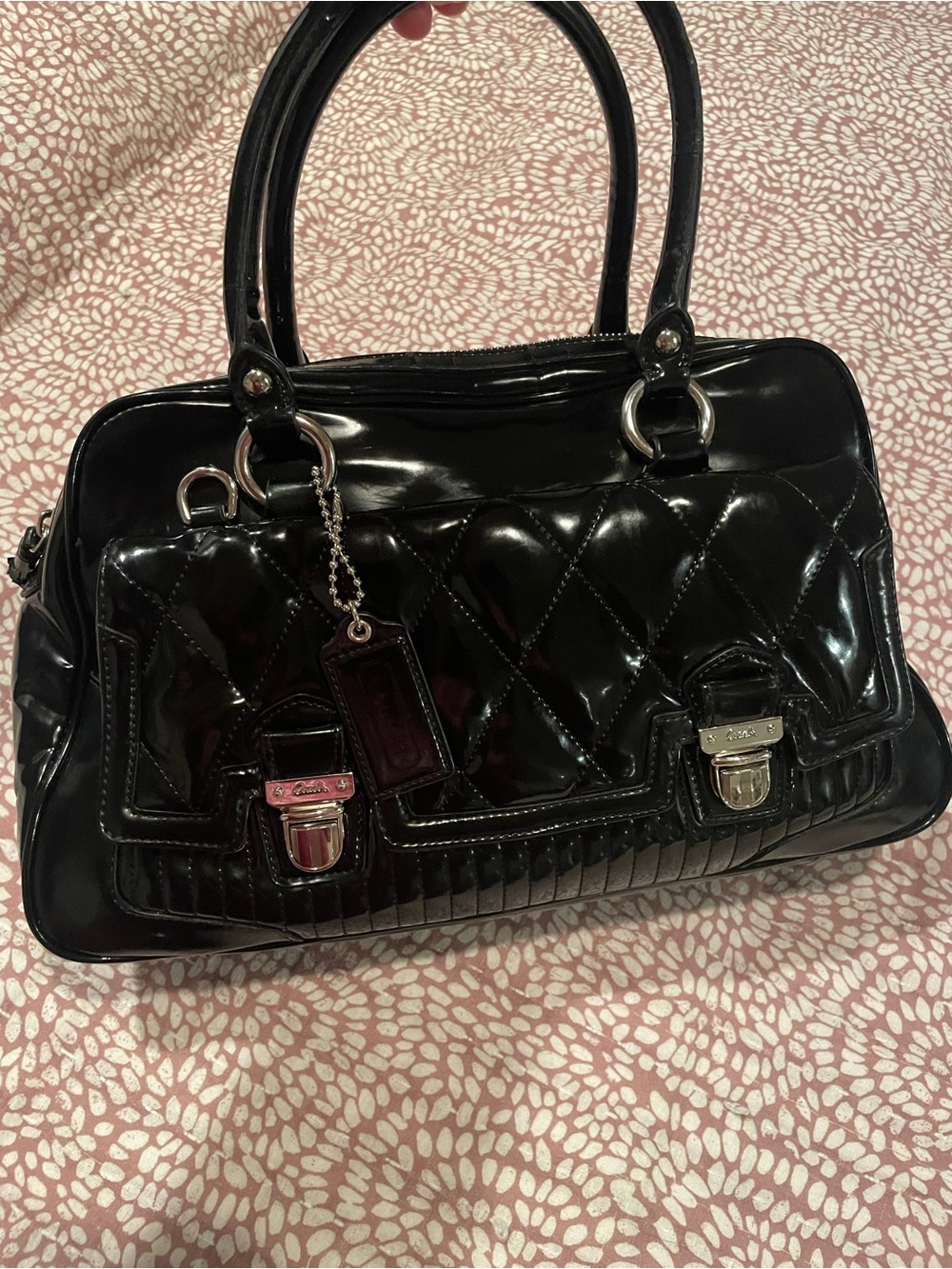Rare Coach Poppy Black Patent Quilted Satchel Handbag